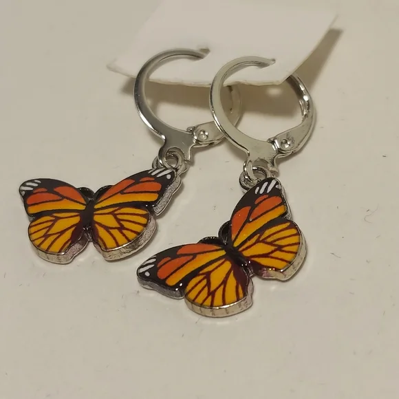 Drop Dangle Monarch Butterfly Earrings Fashion Silver Tone Insect Jewelry Orange - Picture 3 of 6